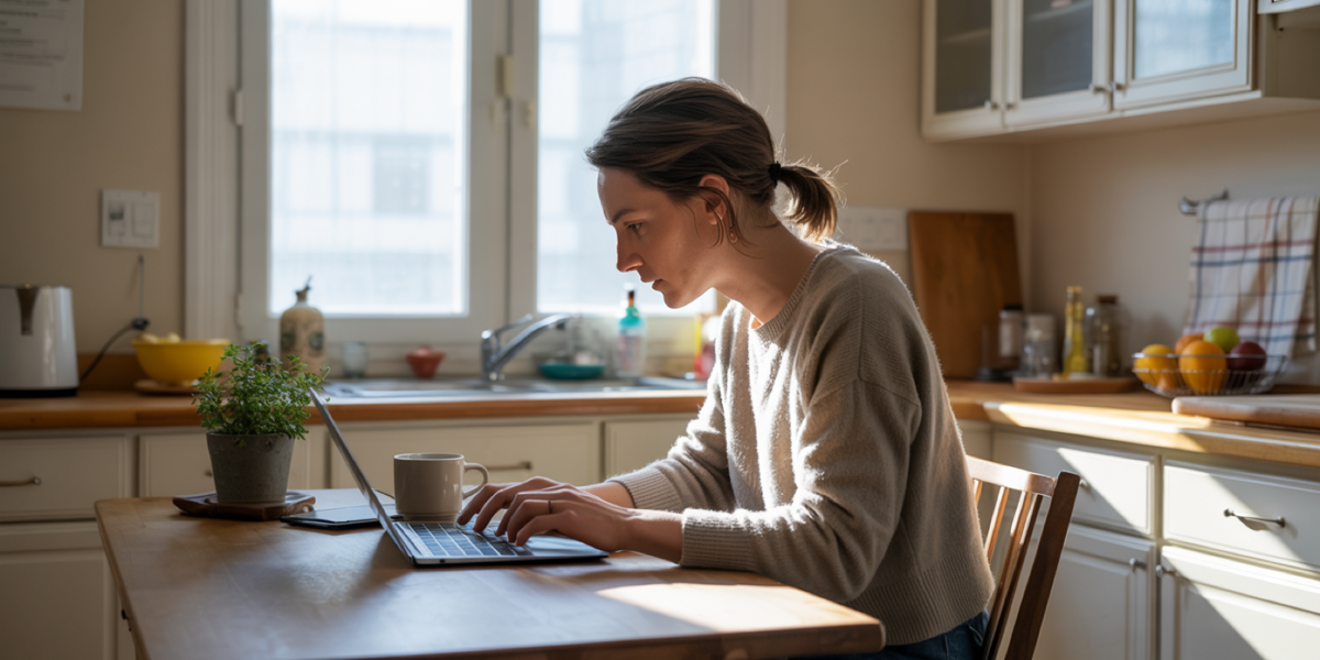 A woman sitting at her kitchen table with her laptop.